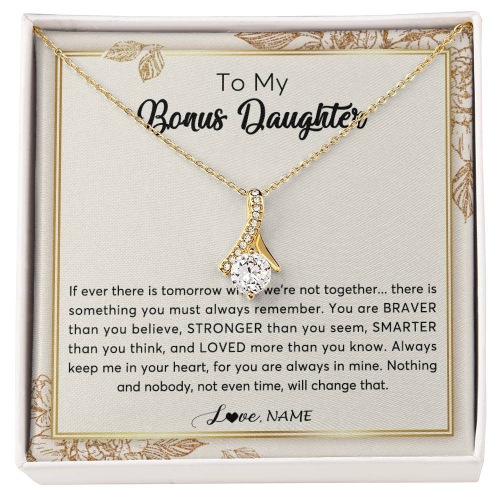 Alluring Beauty Necklace 18K Yellow Gold Finish | Personalized To My Bonus Daughter Necklace From Stepmother Braver Stronger Smarter Loved Daughter Jewelry Birthday Christmas Customized Gift Box Message Card | teecentury