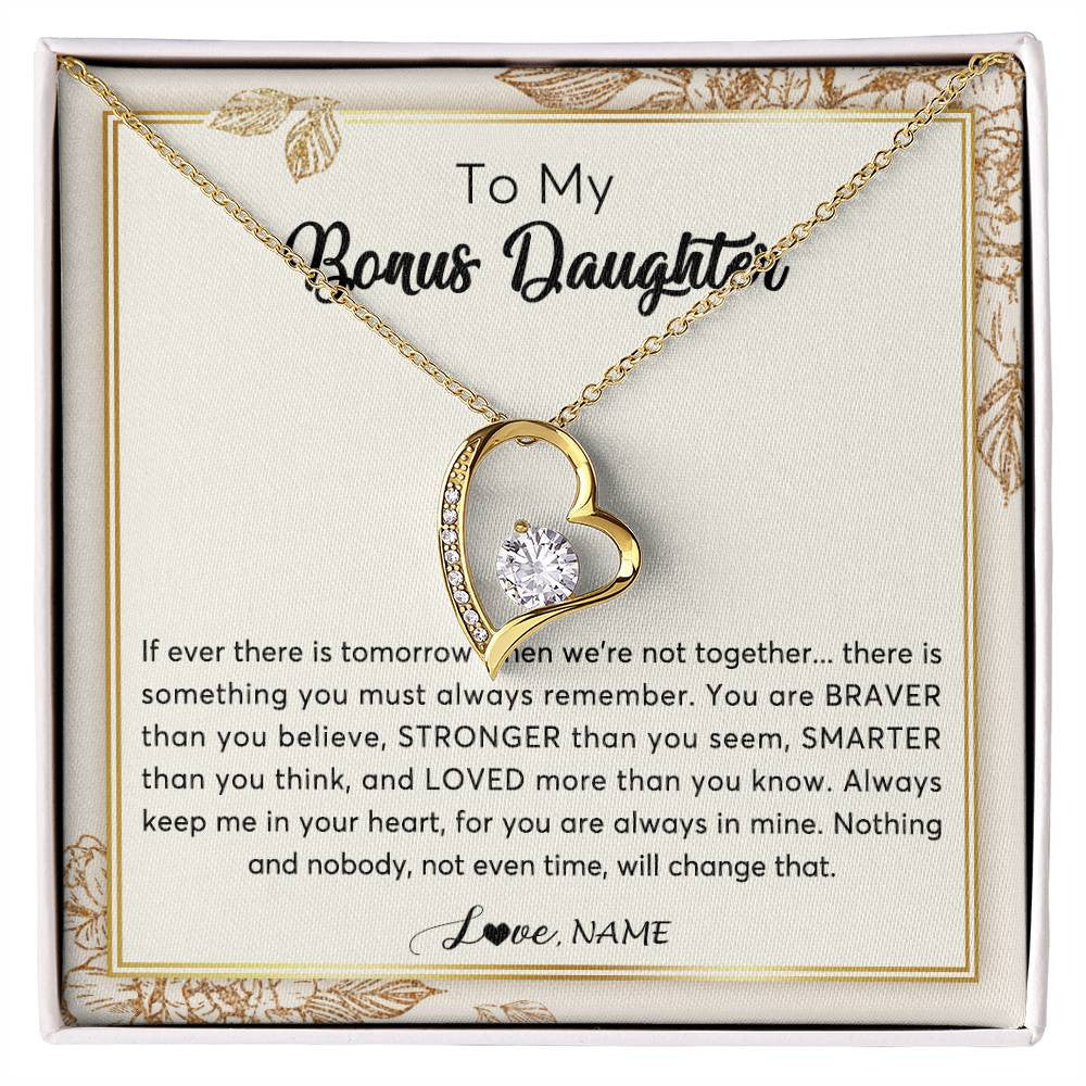 Forever Love Necklace 18K Yellow Gold Finish | Personalized To My Bonus Daughter Necklace From Stepmother Braver Stronger Smarter Loved Daughter Jewelry Birthday Christmas Customized Gift Box Message Card | teecentury