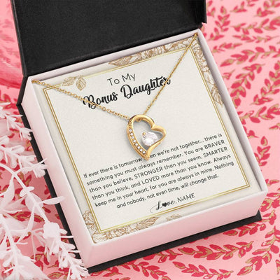 Forever Love Necklace 18K Yellow Gold Finish | Personalized To My Bonus Daughter Necklace From Stepmother Braver Stronger Smarter Loved Daughter Jewelry Birthday Christmas Customized Gift Box Message Card | teecentury