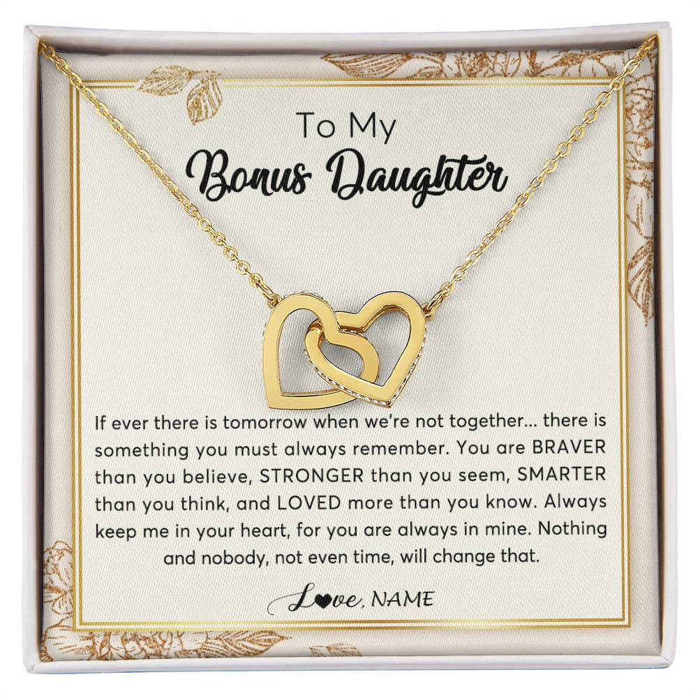 Interlocking Hearts Necklace 18K Yellow Gold Finish | Personalized To My Bonus Daughter Necklace From Stepmother Braver Stronger Smarter Loved Daughter Jewelry Birthday Christmas Customized Gift Box Message Card | teecentury