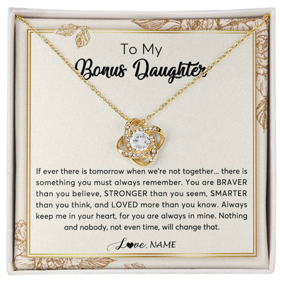 Love Knot Necklace 18K Yellow Gold Finish | Personalized To My Bonus Daughter Necklace From Stepmother Braver Stronger Smarter Loved Daughter Jewelry Birthday Christmas Customized Gift Box Message Card | teecentury