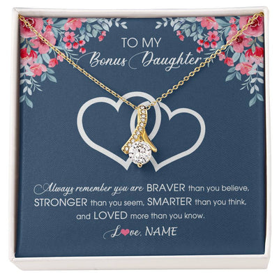 Alluring Beauty Necklace 18K Yellow Gold Finish | Personalized To My Bonus Daughter Necklace From Stepmother Braver Stronger Smarter Loved Stepdaughter Jewelry Birthday Christmas Customized Message Card | teecentury