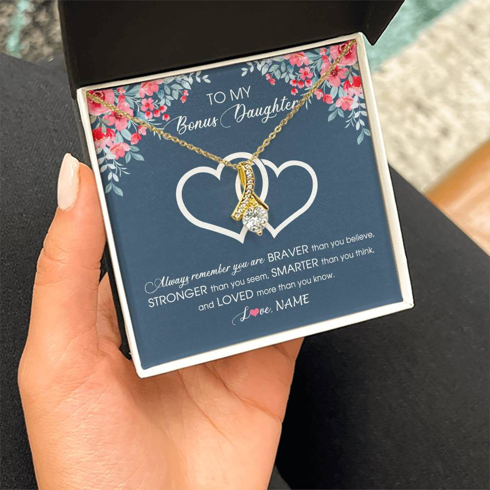 Alluring Beauty Necklace 18K Yellow Gold Finish | Personalized To My Bonus Daughter Necklace From Stepmother Braver Stronger Smarter Loved Stepdaughter Jewelry Birthday Christmas Customized Message Card | teecentury