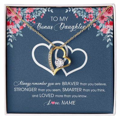 Forever Love Necklace 18K Yellow Gold Finish | Personalized To My Bonus Daughter Necklace From Stepmother Braver Stronger Smarter Loved Stepdaughter Jewelry Birthday Christmas Customized Message Card | teecentury
