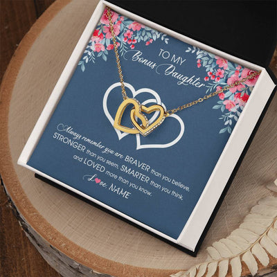 Interlocking Hearts Necklace 18K Yellow Gold Finish | Personalized To My Bonus Daughter Necklace From Stepmother Braver Stronger Smarter Loved Stepdaughter Jewelry Birthday Christmas Customized Message Card | teecentury