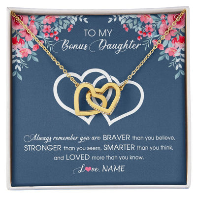 Interlocking Hearts Necklace 18K Yellow Gold Finish | Personalized To My Bonus Daughter Necklace From Stepmother Braver Stronger Smarter Loved Stepdaughter Jewelry Birthday Christmas Customized Message Card | teecentury