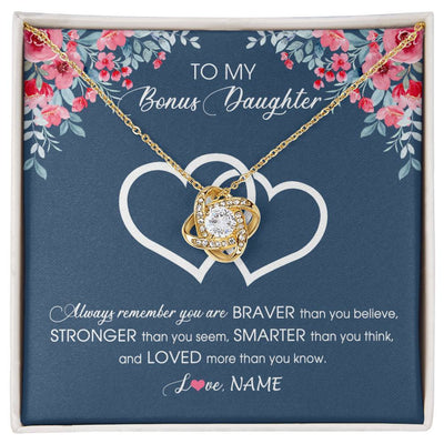 Love Knot Necklace 18K Yellow Gold Finish | Personalized To My Bonus Daughter Necklace From Stepmother Braver Stronger Smarter Loved Stepdaughter Jewelry Birthday Christmas Customized Message Card | teecentury