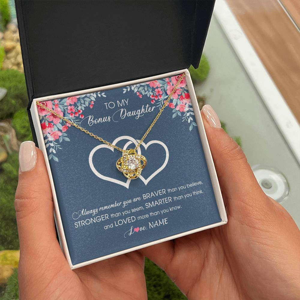 Love Knot Necklace 18K Yellow Gold Finish | Personalized To My Bonus Daughter Necklace From Stepmother Braver Stronger Smarter Loved Stepdaughter Jewelry Birthday Christmas Customized Message Card | teecentury