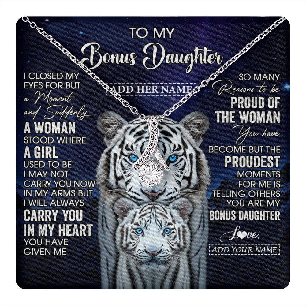 Alluring Beauty Necklace 14K White Gold Finish | 1 | Personalized To My Bonus Daughter Necklace From Stepmother Dad I Close My Eyes White Tiger Stepdaughter Birthday Gift Christmas Gift Box Message Card | https://teecentury.