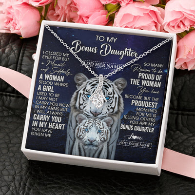 Alluring Beauty Necklace 14K White Gold Finish | 2 | Personalized To My Bonus Daughter Necklace From Stepmother Dad I Close My Eyes White Tiger Stepdaughter Birthday Gift Christmas Gift Box Message Card | https://teecentury.
