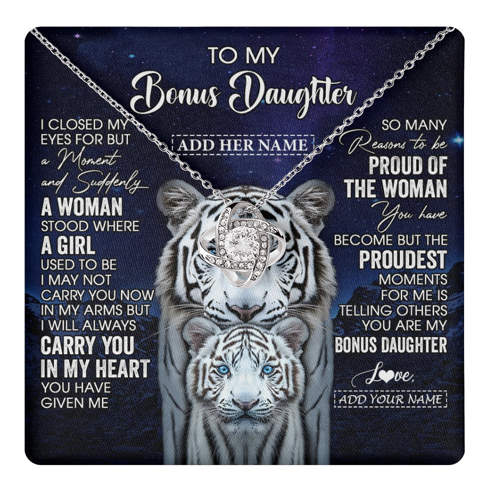 Love Knot Necklace 14K White Gold Finish | 1 | Personalized To My Bonus Daughter Necklace From Stepmother Dad I Close My Eyes White Tiger Stepdaughter Birthday Gift Christmas Gift Box Message Card | https://teecentury.