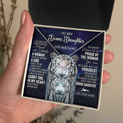 Love Knot Necklace 14K White Gold Finish | 2 | Personalized To My Bonus Daughter Necklace From Stepmother Dad I Close My Eyes White Tiger Stepdaughter Birthday Gift Christmas Gift Box Message Card | https://teecentury.