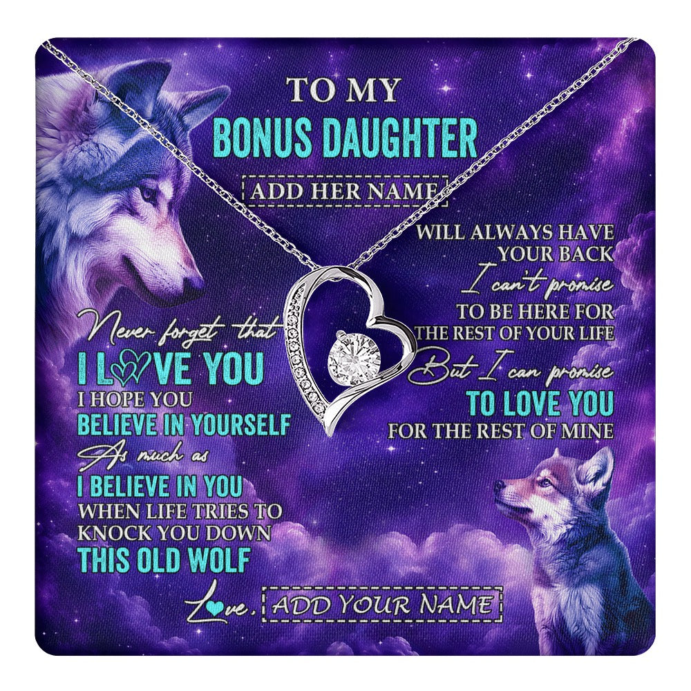 Forever Love Necklace 14K White Gold Finish | 1 | Personalized To My Bonus Daughter Necklace From Stepmother Dad Wolf Never Forget I Love You Stepdaughter Birthday Gifts Christmas Custom Gift Box Message Card Shirt & Hoodie | https://teecentury.
