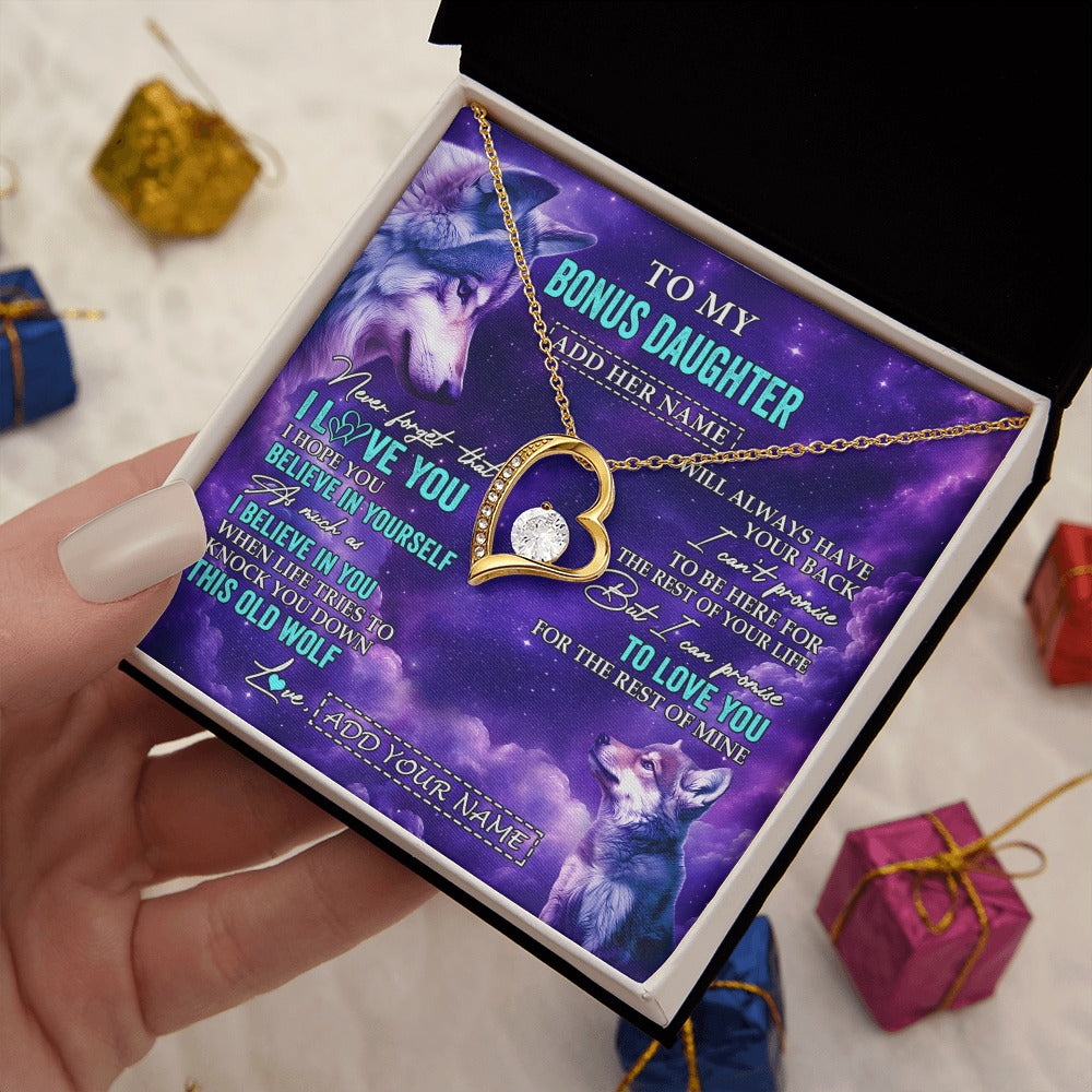 Forever Love Necklace 18K Yellow Gold Finish | 2 | Personalized To My Bonus Daughter Necklace From Stepmother Dad Wolf Never Forget I Love You Stepdaughter Birthday Gifts Christmas Custom Gift Box Message Card Shirt & Hoodie | https://teecentury.