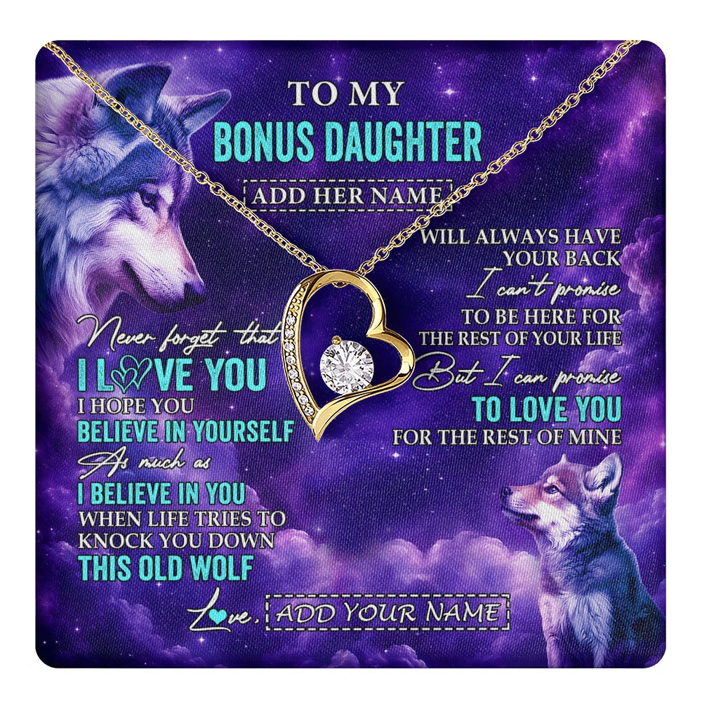 Forever Love Necklace 18K Yellow Gold Finish | 1 | Personalized To My Bonus Daughter Necklace From Stepmother Dad Wolf Never Forget I Love You Stepdaughter Birthday Gifts Christmas Custom Gift Box Message Card Shirt & Hoodie | https://teecentury.