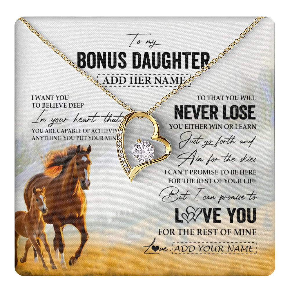 Forever Love Necklace 18K Yellow Gold Finish | 1 | Personalized To My Bonus Daughter Necklace From Stepmother Dad You Will Never Lose Horse Stepdaughter Birthday Gifts Christmas Custom Gift Box Message Card | teecentury