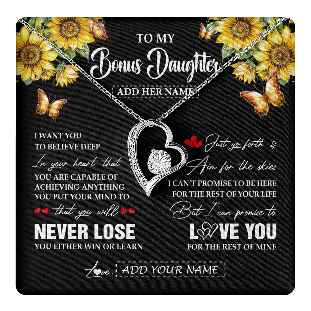 Forever Love Necklace 14K White Gold Finish | 1 | Personalized To My Bonus Daughter Necklace From Stepmother Dad You Will Never Lose Sunflower Stepdaughter Birthday Gifts Christmas Gift Box Message Card | teecentury.myshopify