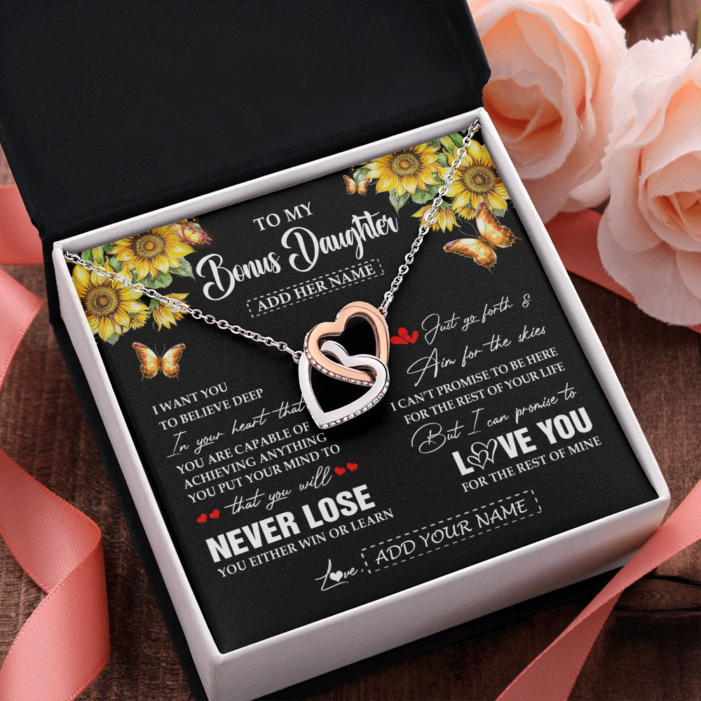 Interlocking Hearts Necklace Stainless Steel & Rose Gold Finish | 2 | Personalized To My Bonus Daughter Necklace From Stepmother Dad You Will Never Lose Sunflower Stepdaughter Birthday Gifts Christmas Gift Box Message Card | teecentury.myshopify