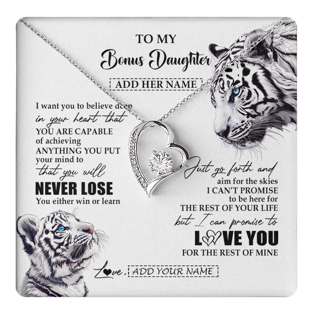 Forever Love Necklace 14K White Gold Finish | 1 | Personalized To My Bonus Daughter Necklace From Stepmother Dad You Will Never Lose White Tiger Stepdaughter Birthday Gifts Christmas Gift Box Message Card | teecentury