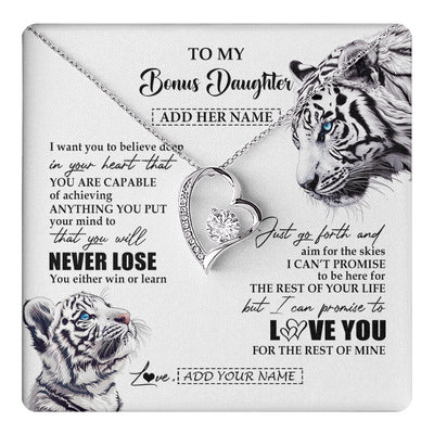 Forever Love Necklace 14K White Gold Finish | 1 | Personalized To My Bonus Daughter Necklace From Stepmother Dad You Will Never Lose White Tiger Stepdaughter Birthday Gifts Christmas Gift Box Message Card | teecentury