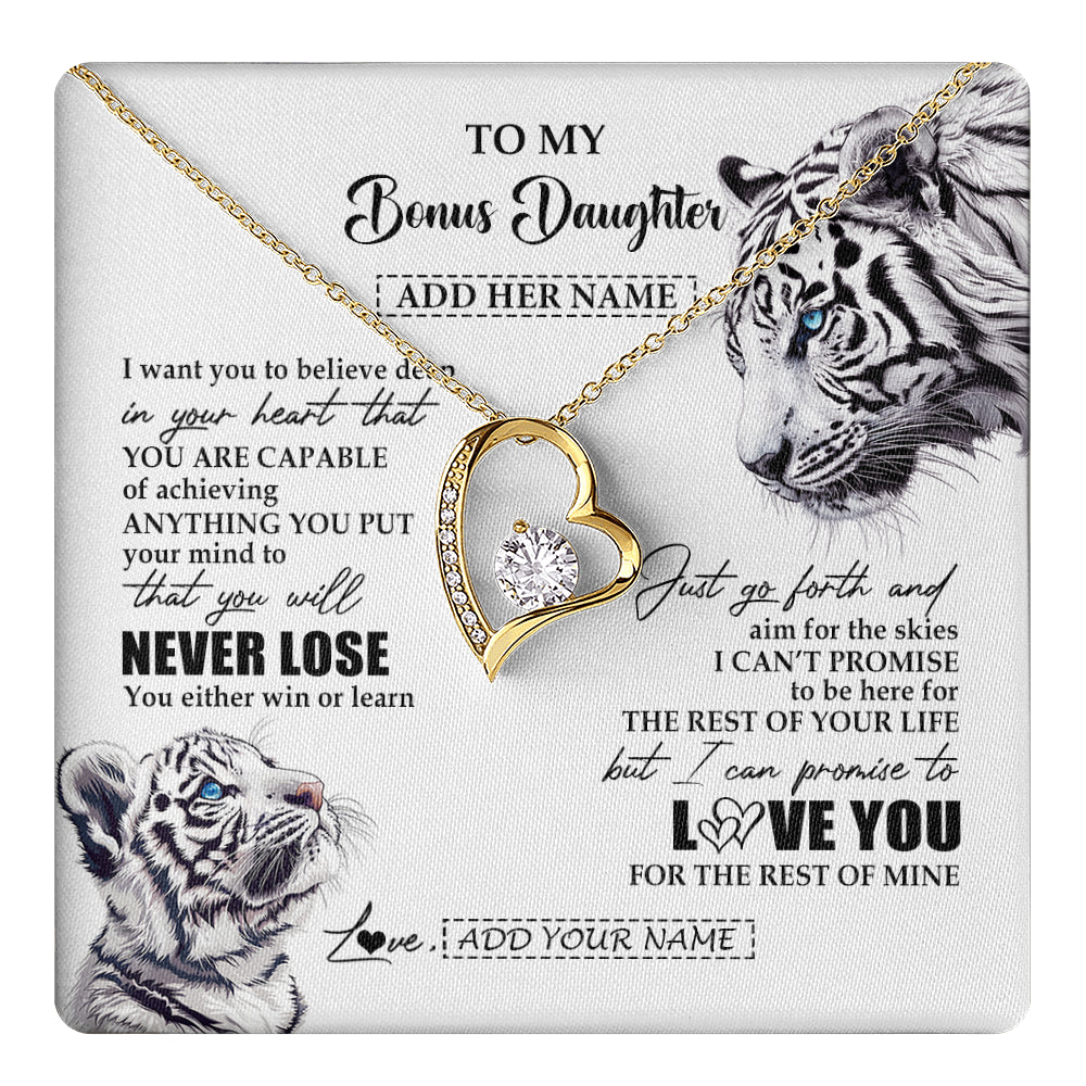Forever Love Necklace 18K Yellow Gold Finish | 1 | Personalized To My Bonus Daughter Necklace From Stepmother Dad You Will Never Lose White Tiger Stepdaughter Birthday Gifts Christmas Gift Box Message Card | teecentury