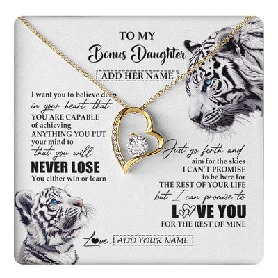 Forever Love Necklace 18K Yellow Gold Finish | 1 | Personalized To My Bonus Daughter Necklace From Stepmother Dad You Will Never Lose White Tiger Stepdaughter Birthday Gifts Christmas Gift Box Message Card | teecentury