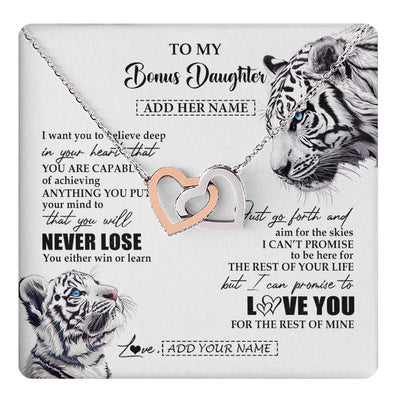 Interlocking Hearts Necklace Stainless Steel & Rose Gold Finish | 1 | Personalized To My Bonus Daughter Necklace From Stepmother Dad You Will Never Lose White Tiger Stepdaughter Birthday Gifts Christmas Gift Box Message Card | teecentury