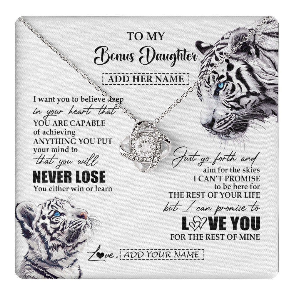 Love Knot Necklace 14K White Gold Finish | 1 | Personalized To My Bonus Daughter Necklace From Stepmother Dad You Will Never Lose White Tiger Stepdaughter Birthday Gifts Christmas Gift Box Message Card | teecentury