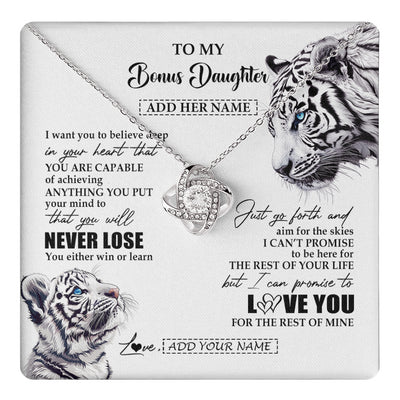 Love Knot Necklace 14K White Gold Finish | 1 | Personalized To My Bonus Daughter Necklace From Stepmother Dad You Will Never Lose White Tiger Stepdaughter Birthday Gifts Christmas Gift Box Message Card | teecentury