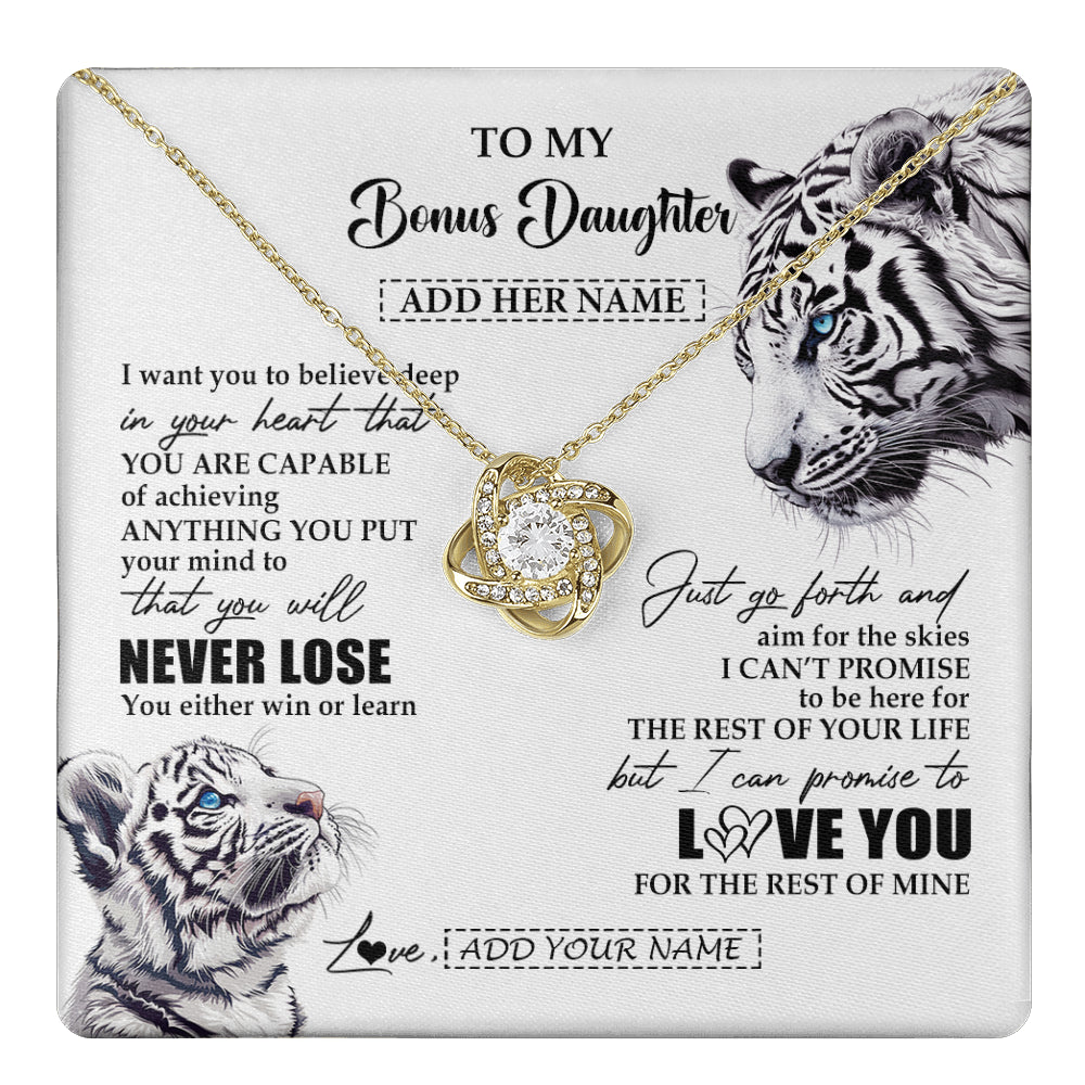 Love Knot Necklace 18K Yellow Gold Finish | 1 | Personalized To My Bonus Daughter Necklace From Stepmother Dad You Will Never Lose White Tiger Stepdaughter Birthday Gifts Christmas Gift Box Message Card | teecentury