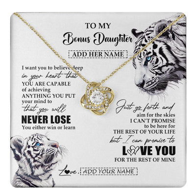 Love Knot Necklace 18K Yellow Gold Finish | 1 | Personalized To My Bonus Daughter Necklace From Stepmother Dad You Will Never Lose White Tiger Stepdaughter Birthday Gifts Christmas Gift Box Message Card | teecentury