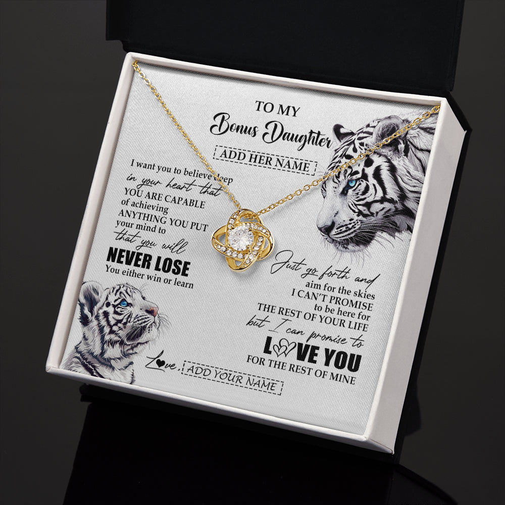 Love Knot Necklace 18K Yellow Gold Finish | 2 | Personalized To My Bonus Daughter Necklace From Stepmother Dad You Will Never Lose White Tiger Stepdaughter Birthday Gifts Christmas Gift Box Message Card | teecentury