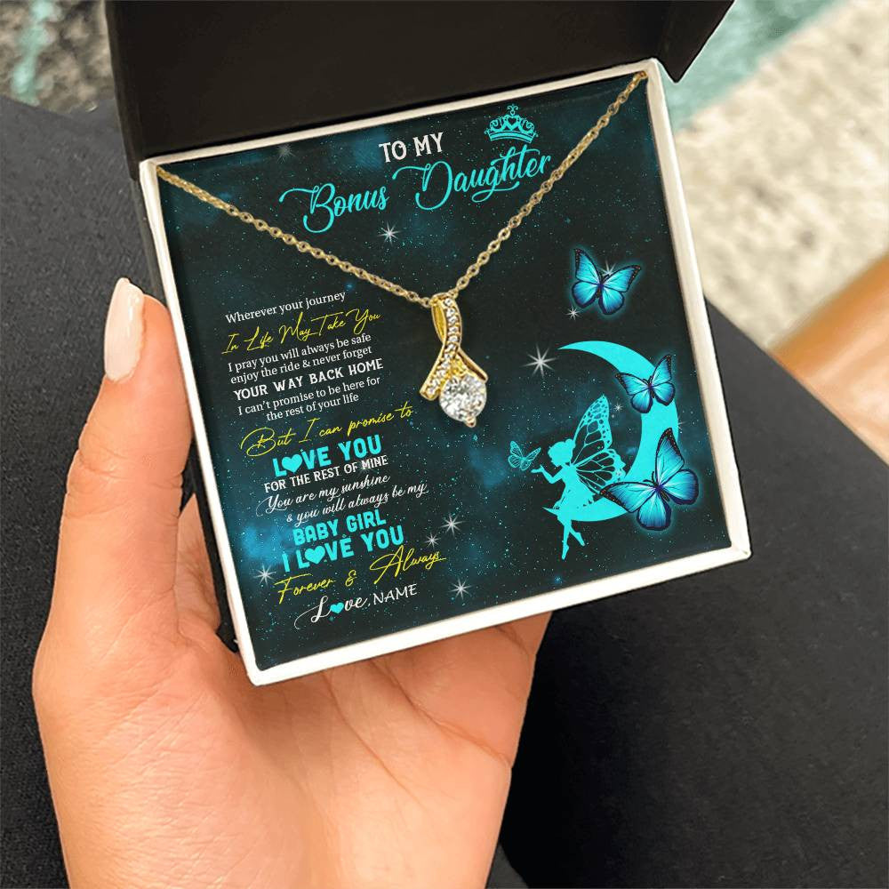 Alluring Beauty Necklace 18K Yellow Gold Finish | 2 | Personalized To My Bonus Daughter Necklace From Stepmother Fairy Silhouette Fantasy Moon Stepdaughter Birthday Christmas Customized Gift Box Message Card | teecentury