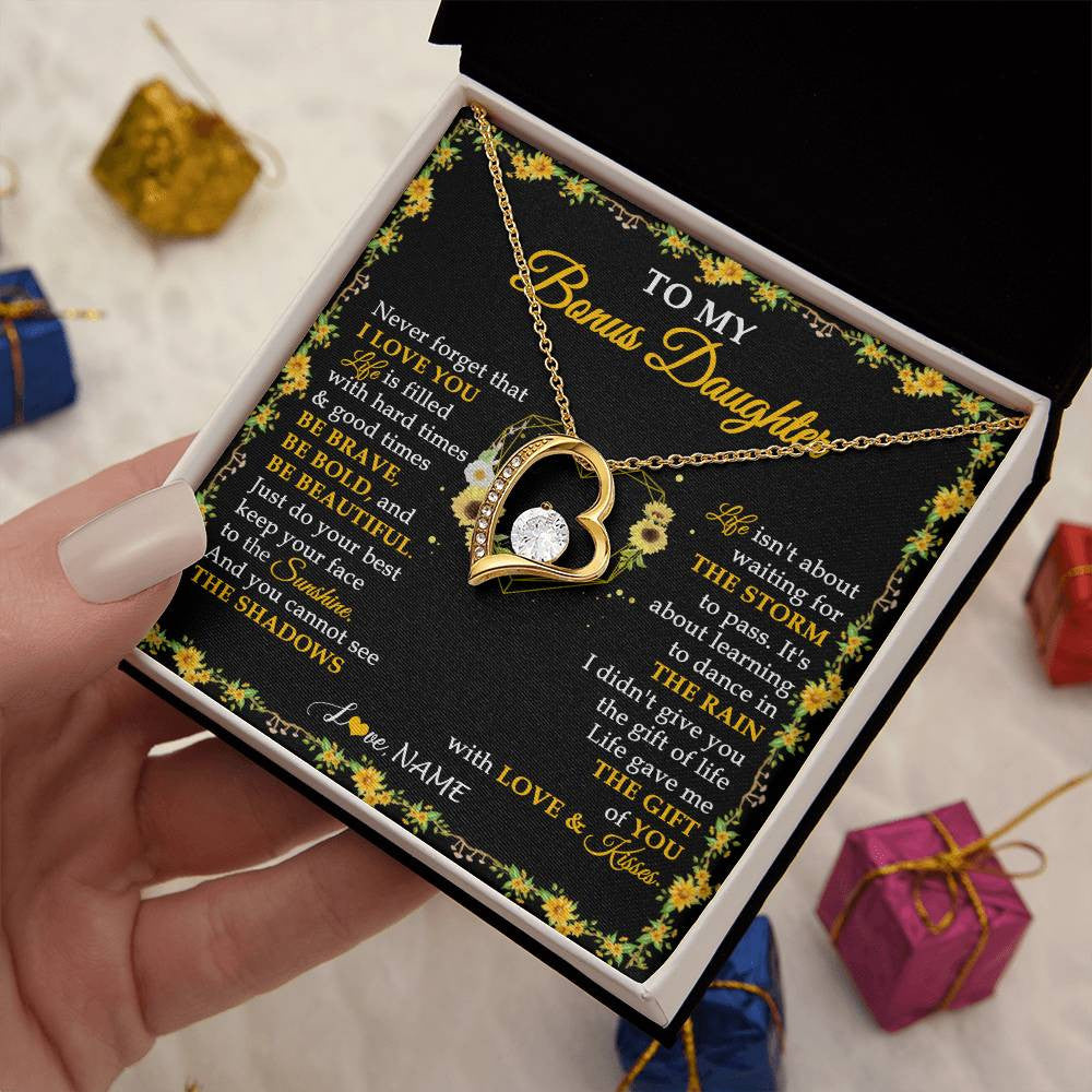 Forever Love Necklace 18K Yellow Gold Finish | 2 | Personalized To My Bonus Daughter Necklace From Stepmother I Love You Sunflower Bonus Daughter Birthday Jewelry Christmas Customized Gift Box Message Card | teecentury