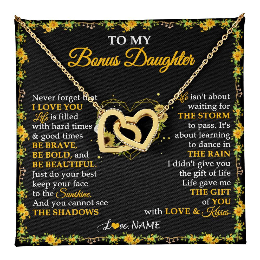 Interlocking Hearts Necklace 18K Yellow Gold Finish | 1 | Personalized To My Bonus Daughter Necklace From Stepmother I Love You Sunflower Bonus Daughter Birthday Jewelry Christmas Customized Gift Box Message Card | teecentury