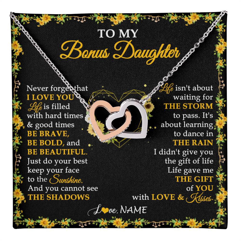 Interlocking Hearts Necklace Stainless Steel & Rose Gold Finish | 1 | Personalized To My Bonus Daughter Necklace From Stepmother I Love You Sunflower Bonus Daughter Birthday Jewelry Christmas Customized Gift Box Message Card | teecentury