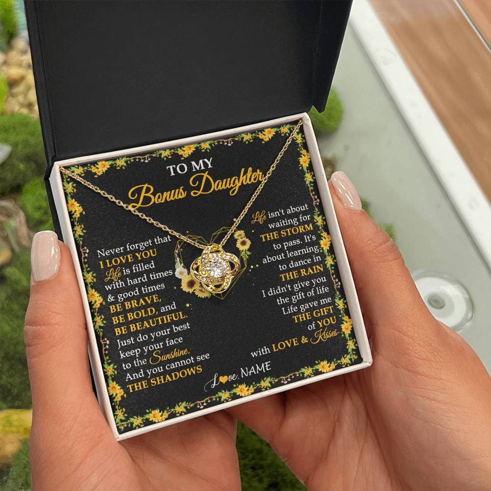 Love Knot Necklace 18K Yellow Gold Finish | 2 | Personalized To My Bonus Daughter Necklace From Stepmother I Love You Sunflower Bonus Daughter Birthday Jewelry Christmas Customized Gift Box Message Card | teecentury