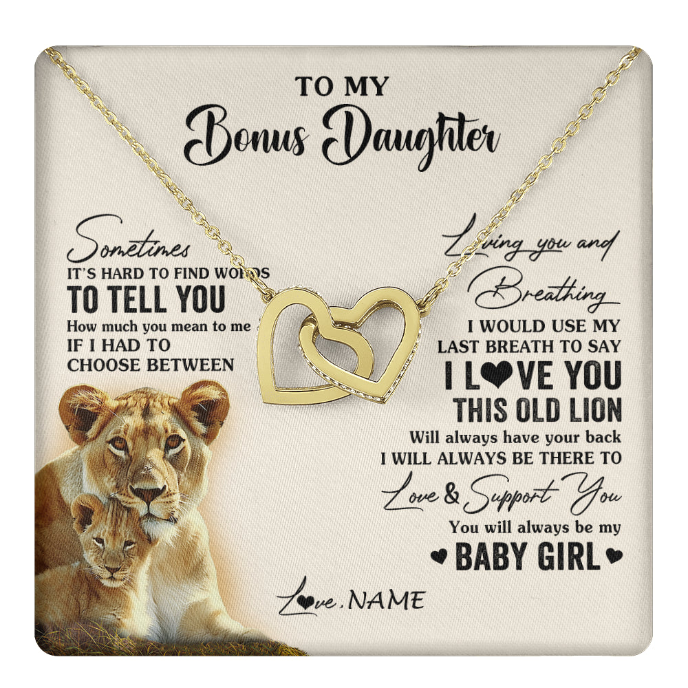 Interlocking Hearts Necklace 18K Yellow Gold Finish | 1 | Personalized To My Bonus Daughter Necklace From Stepmother I Love You This Old Lion Stepdaughter Birthday Graduation Christmas Customized Gift Box Message Card | teecentury