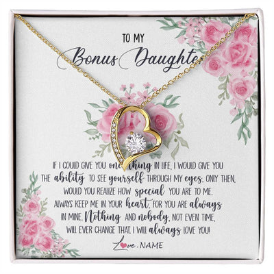Forever Love Necklace 18K Yellow Gold Finish | Personalized To My Bonus Daughter Necklace From Stepmother I Will Always Love You Stepdaughter Birthday Christmas Jewelry Customized Gift Box Message Card | teecentury