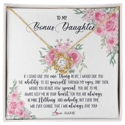 Love Knot Necklace 18K Yellow Gold Finish | Personalized To My Bonus Daughter Necklace From Stepmother I Will Always Love You Stepdaughter Birthday Christmas Jewelry Customized Gift Box Message Card | teecentury