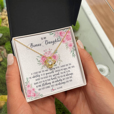 Love Knot Necklace 18K Yellow Gold Finish | Personalized To My Bonus Daughter Necklace From Stepmother I Will Always Love You Stepdaughter Birthday Christmas Jewelry Customized Gift Box Message Card | teecentury