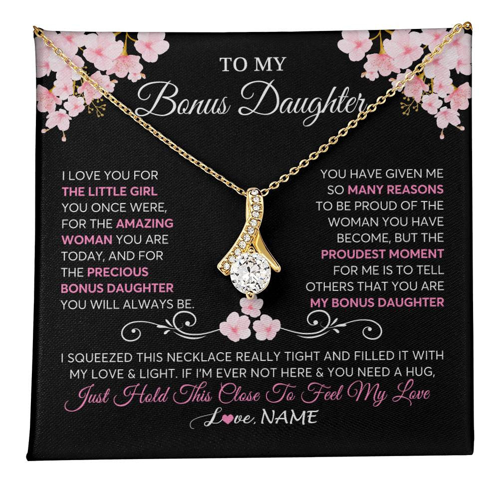 Alluring Beauty Necklace 18K Yellow Gold Finish | 1 | Personalized To My Bonus Daughter Necklace From Stepmother Love You Little Girl Stepdaughter Birthday Jewelry Christmas Customized Gift Box Message Card | teecentury