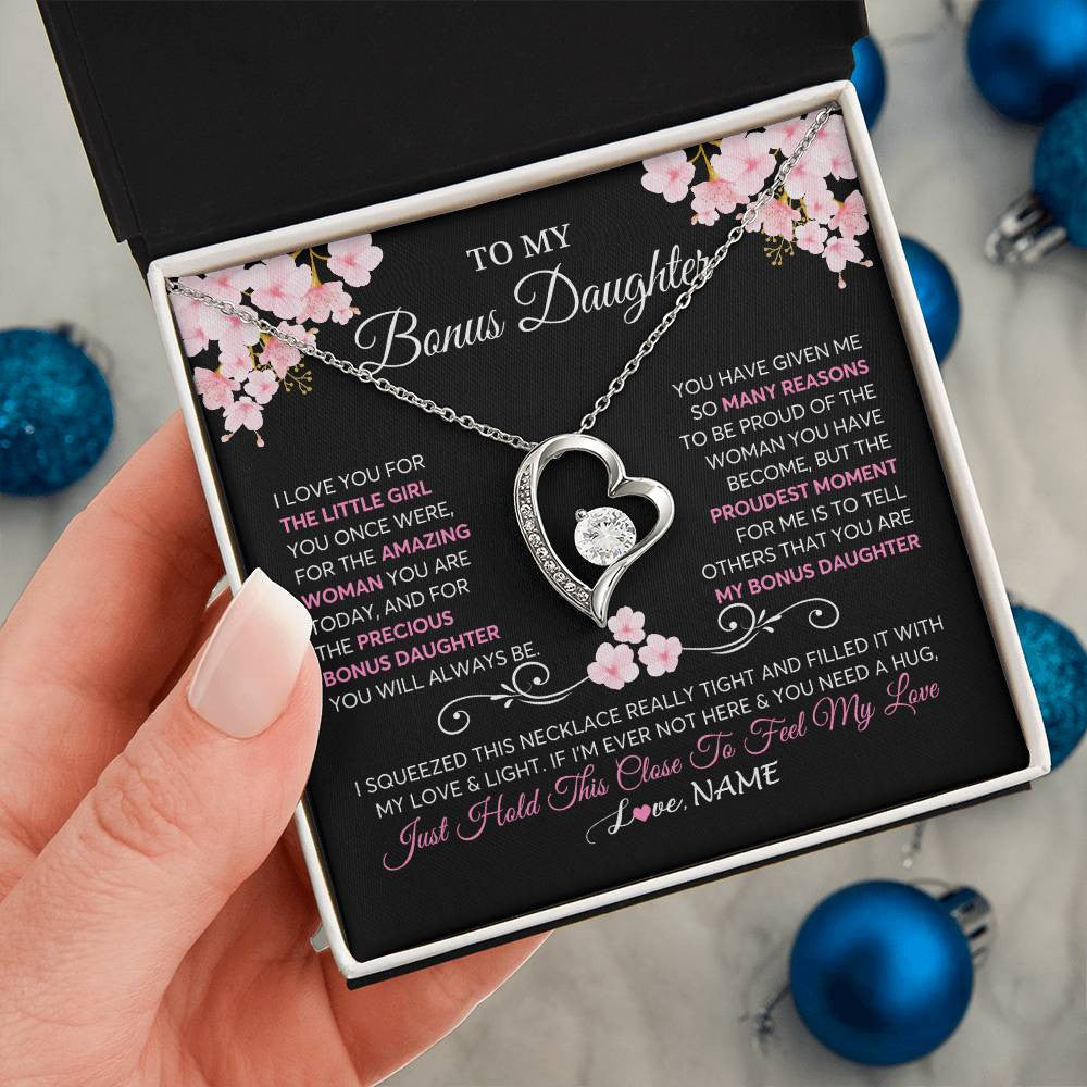 Forever Love Necklace 14K White Gold Finish | 2 | Personalized To My Bonus Daughter Necklace From Stepmother Love You Little Girl Stepdaughter Birthday Jewelry Christmas Customized Gift Box Message Card | teecentury