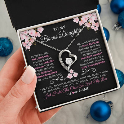 Forever Love Necklace 14K White Gold Finish | 2 | Personalized To My Bonus Daughter Necklace From Stepmother Love You Little Girl Stepdaughter Birthday Jewelry Christmas Customized Gift Box Message Card | teecentury