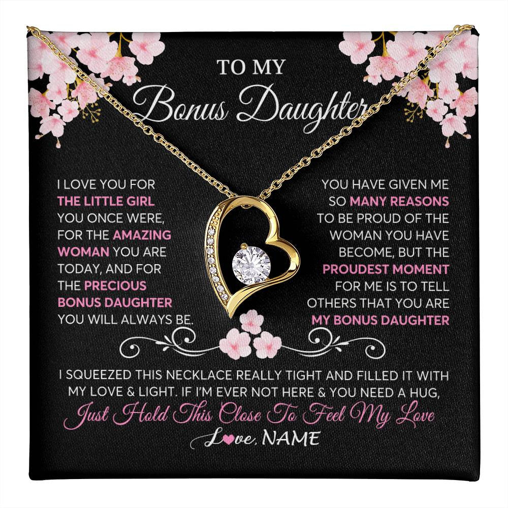 Forever Love Necklace 18K Yellow Gold Finish | 1 | Personalized To My Bonus Daughter Necklace From Stepmother Love You Little Girl Stepdaughter Birthday Jewelry Christmas Customized Gift Box Message Card | teecentury