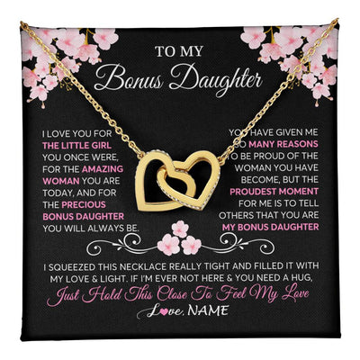 Interlocking Hearts Necklace 18K Yellow Gold Finish | 1 | Personalized To My Bonus Daughter Necklace From Stepmother Love You Little Girl Stepdaughter Birthday Jewelry Christmas Customized Gift Box Message Card | teecentury