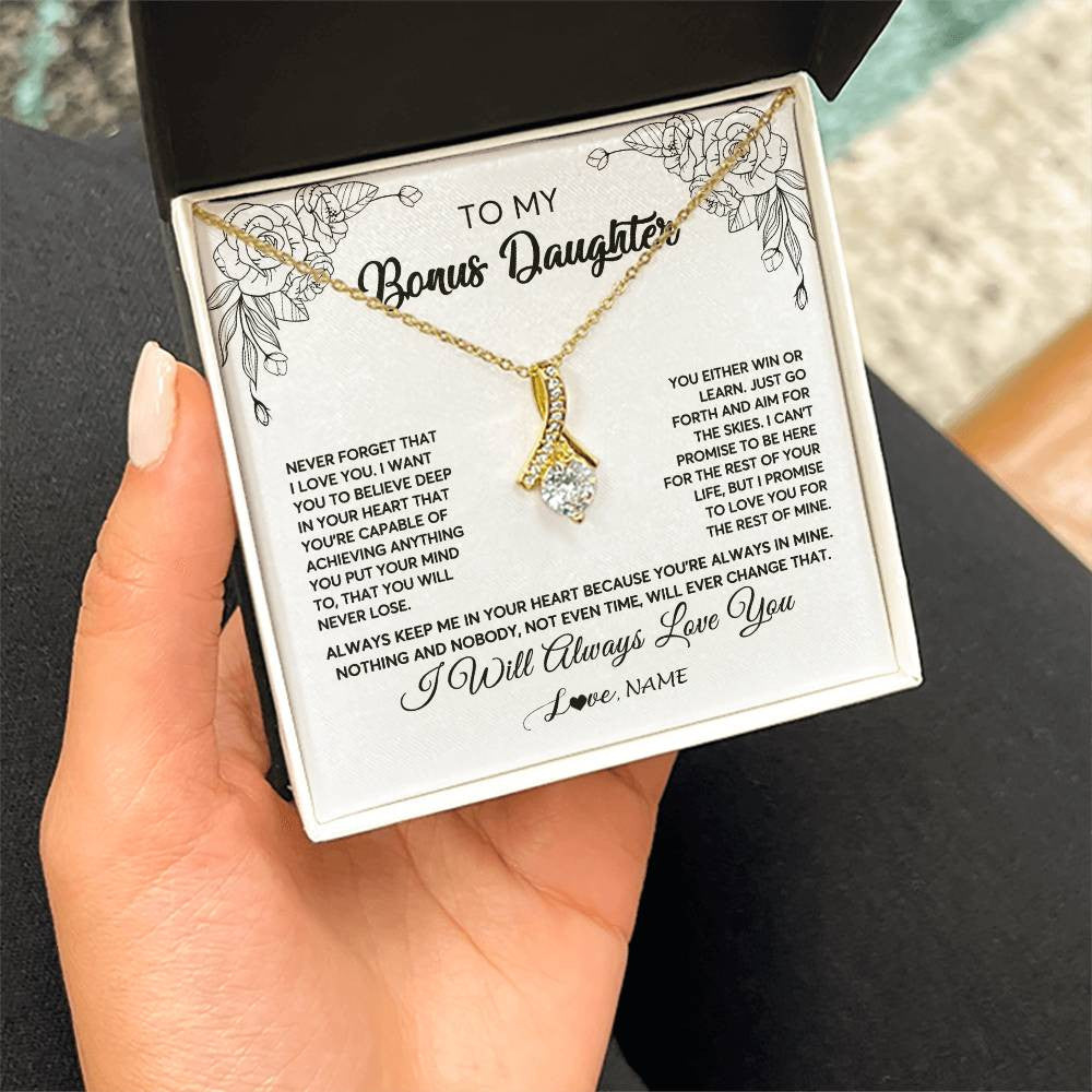 Alluring Beauty Necklace 18K Yellow Gold Finish | Personalized To My Bonus Daughter Necklace From Stepmother Never Forget That I Love You Step Daughter Birthday Christmas Customized Gift Box Message Card | teecentury