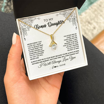 Alluring Beauty Necklace 18K Yellow Gold Finish | Personalized To My Bonus Daughter Necklace From Stepmother Never Forget That I Love You Step Daughter Birthday Christmas Customized Gift Box Message Card | teecentury