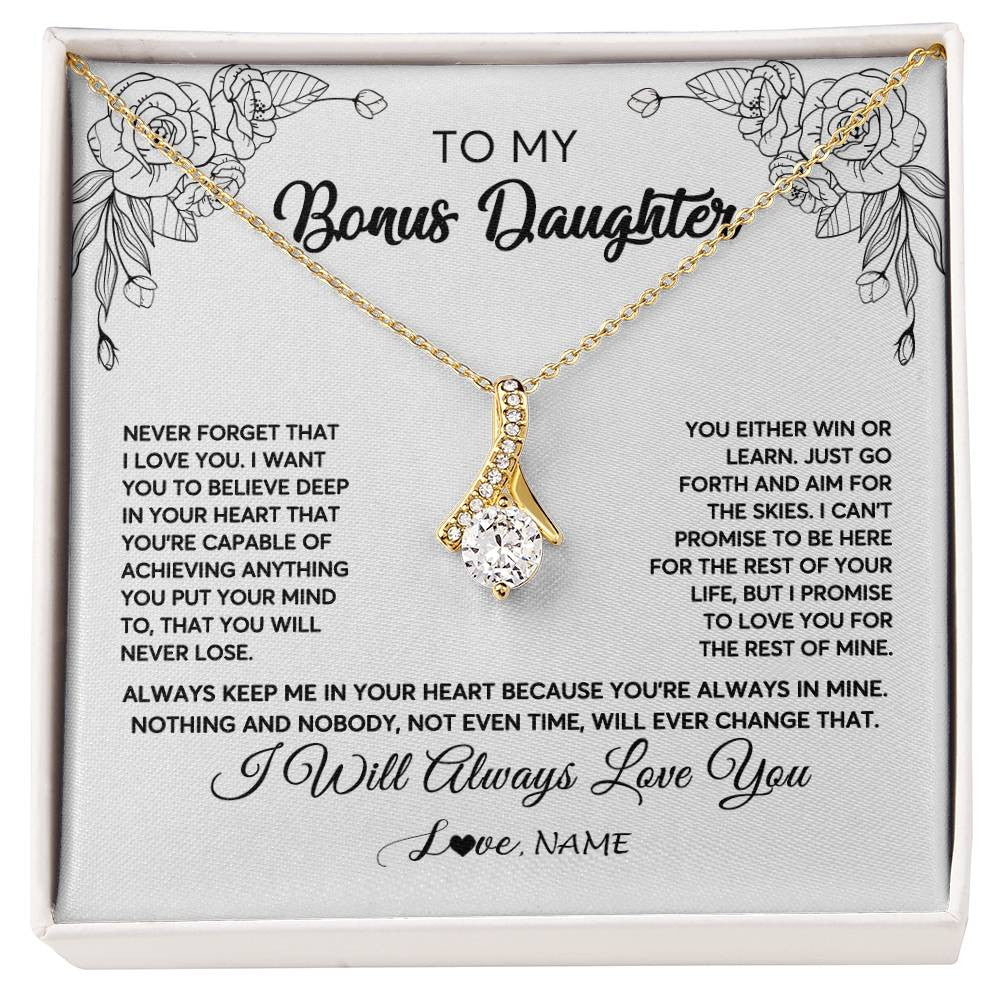 Alluring Beauty Necklace 18K Yellow Gold Finish | Personalized To My Bonus Daughter Necklace From Stepmother Never Forget That I Love You Step Daughter Birthday Christmas Customized Gift Box Message Card | teecentury