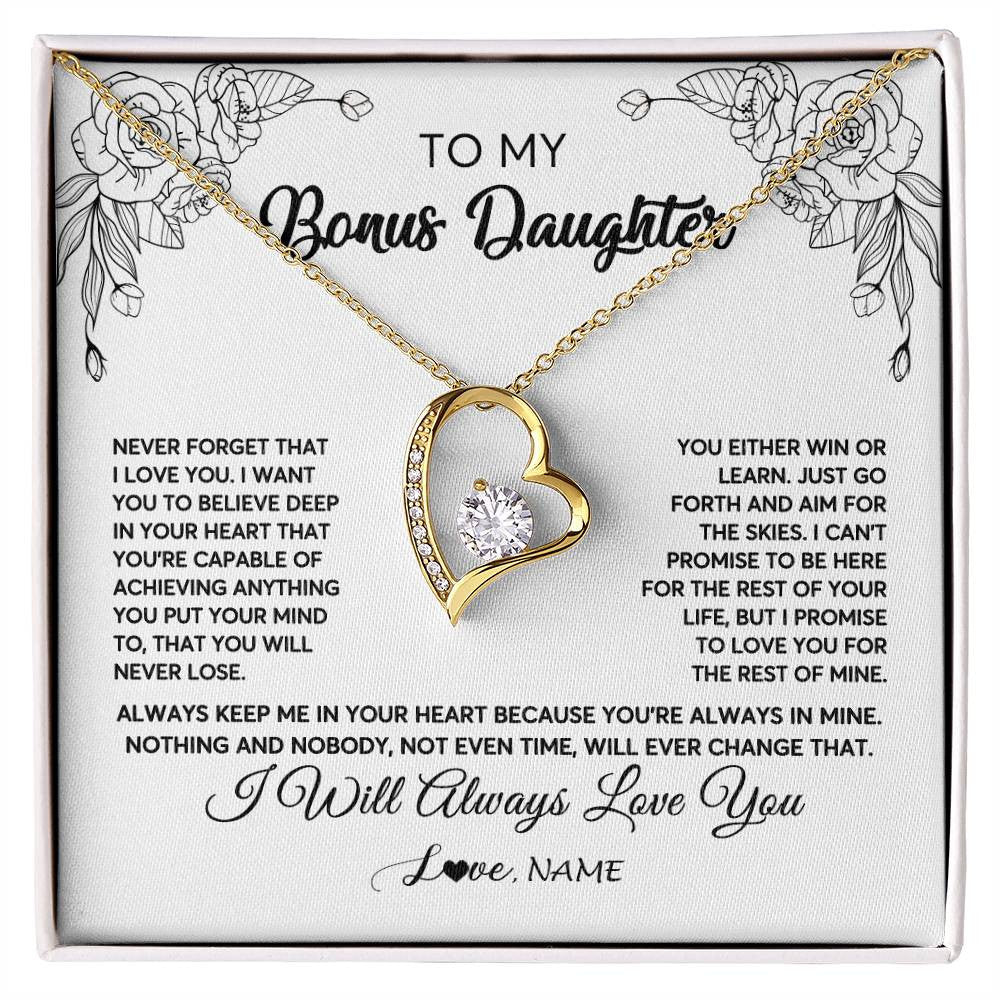 Forever Love Necklace 18K Yellow Gold Finish | Personalized To My Bonus Daughter Necklace From Stepmother Never Forget That I Love You Step Daughter Birthday Christmas Customized Gift Box Message Card | teecentury